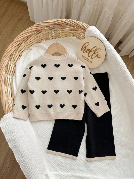 Baby Girl Heart Pattern Long Sleeve Single-Breasted Knitted Cardigan And Knitted Pants