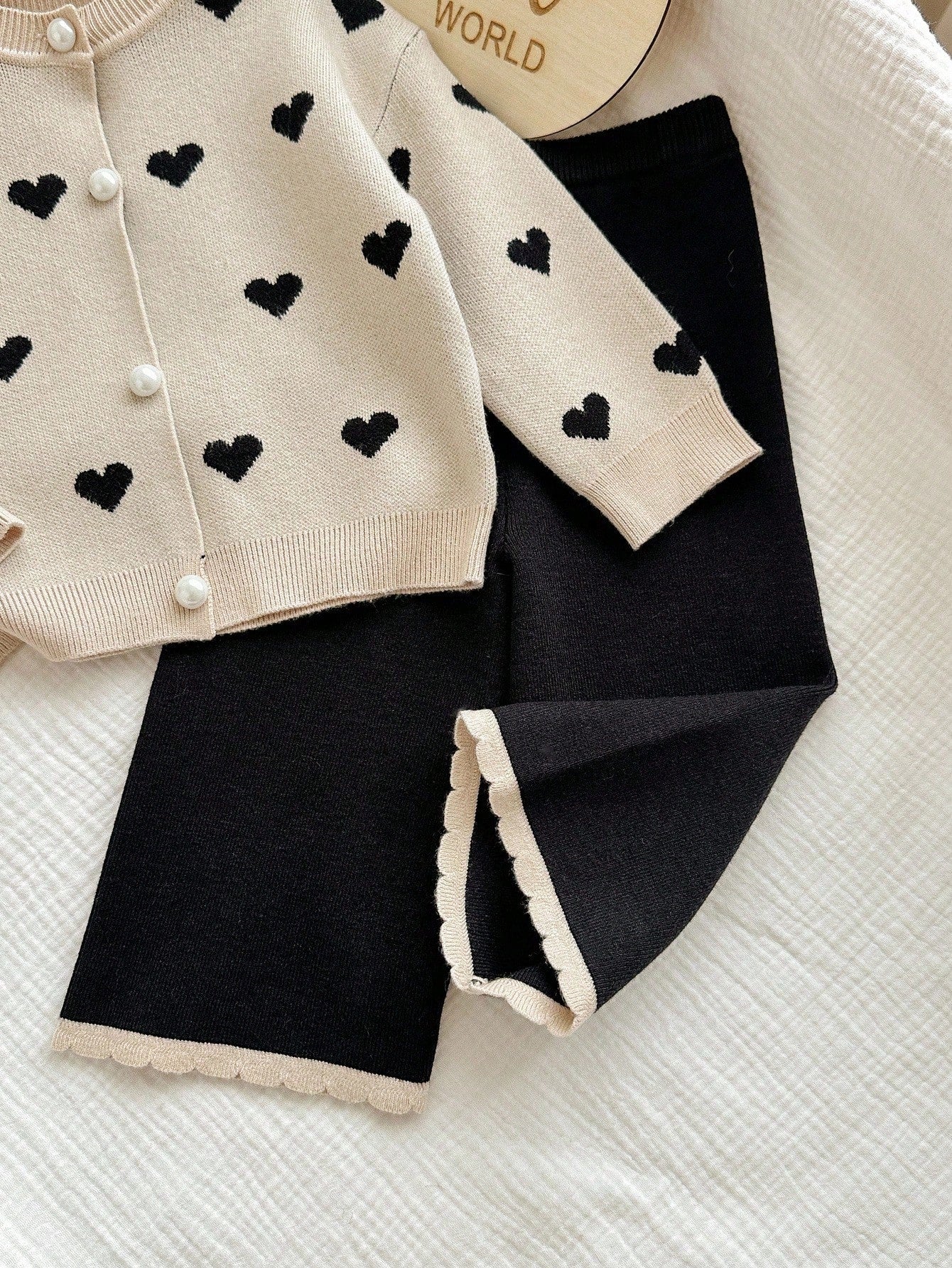 Baby Girl Heart Pattern Long Sleeve Single-Breasted Knitted Cardigan And Knitted Pants