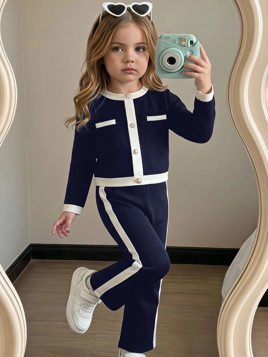 Baby Girl Knit Colorblock Round Neck T-Shirt & Long Pants 2pcs Set