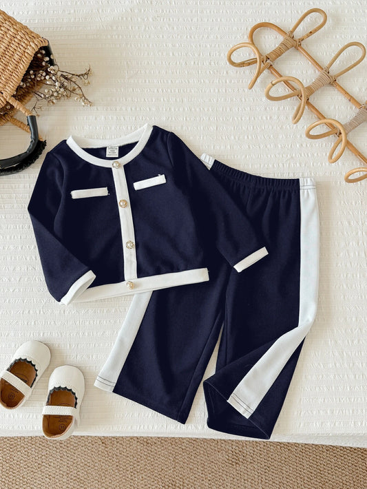 Baby Girl Knit Colorblock Round Neck T-Shirt & Long Pants 2pcs Set