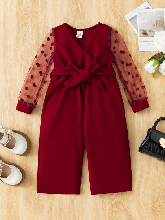 Baby Girl Polka Dot Mesh Insert Belted Jumpsuit