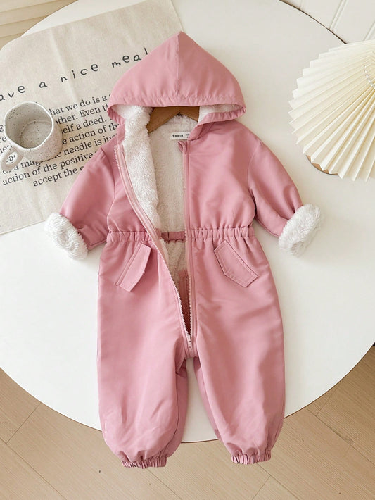 Baby Girl Outdoor Cargo Thermal Lined Hooded Jumpsuit Pink
