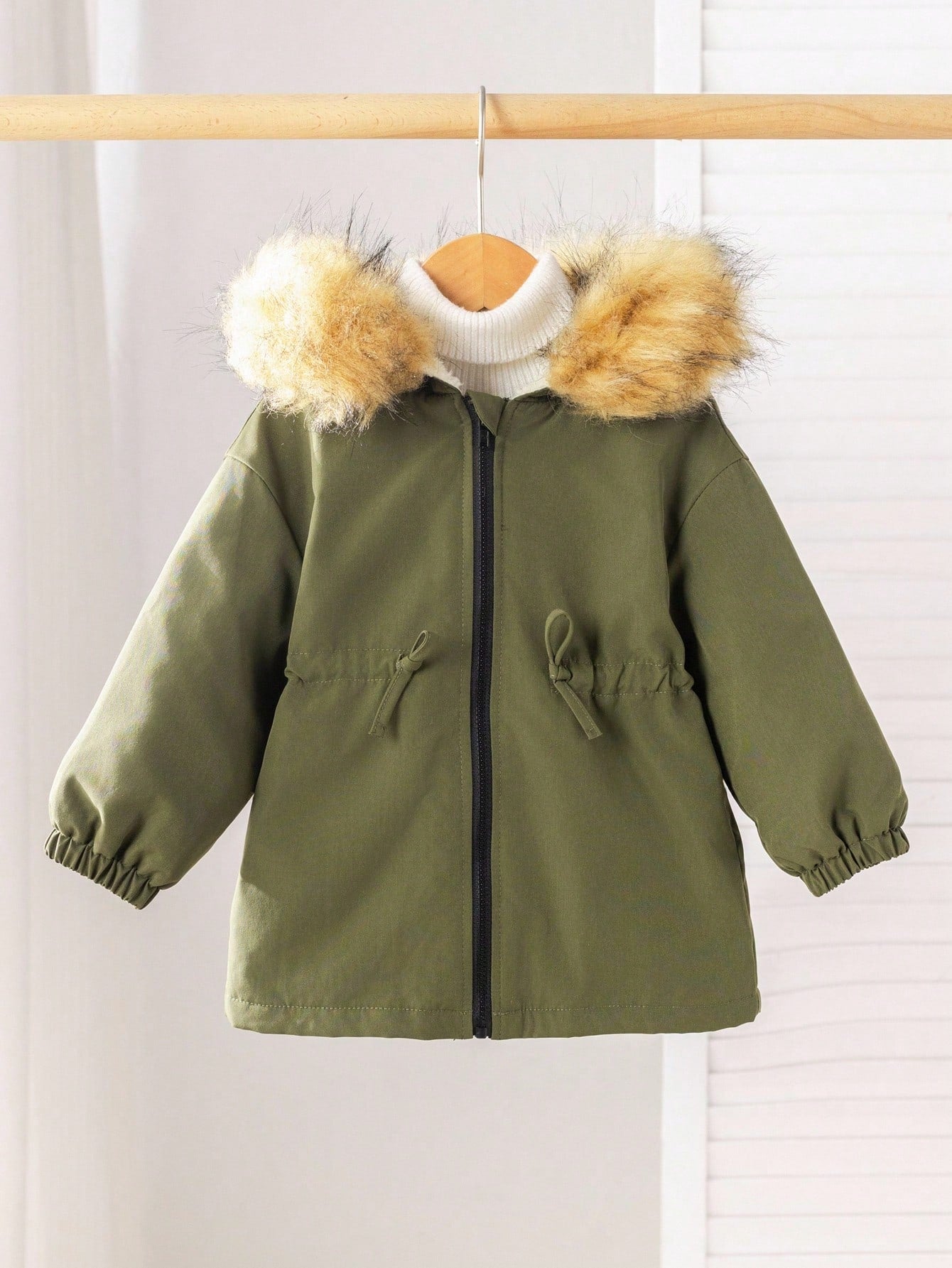 Baby Girl Patchwork Fuzzy Long Sleeve Zip Front Hooded Fleece Outerwear
