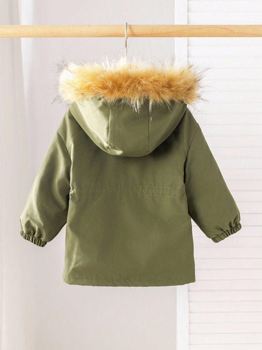 Baby Girl Patchwork Fuzzy Long Sleeve Zip Front Hooded Fleece Outerwear
