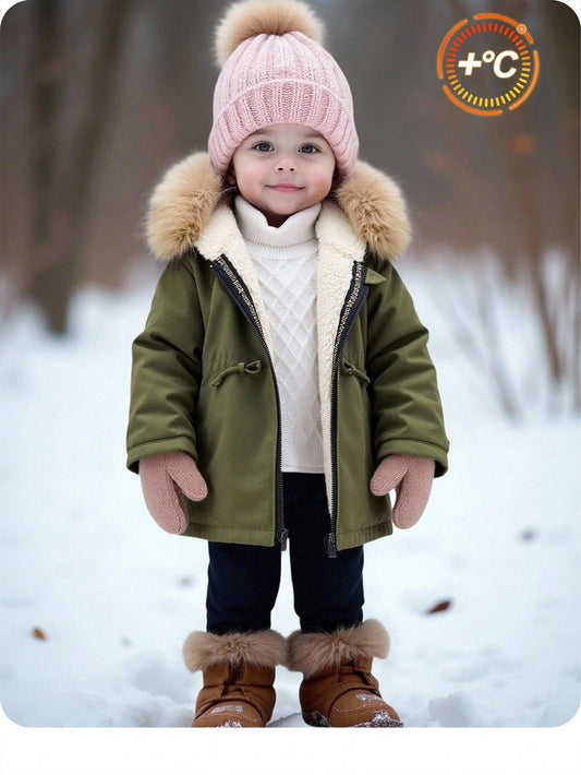 Baby Girl Patchwork Fuzzy Long Sleeve Zip Front Hooded Fleece Outerwear Army Green