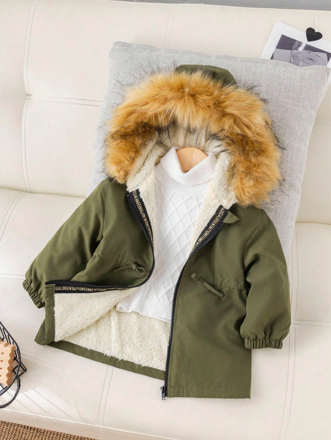 Baby Girl Patchwork Fuzzy Long Sleeve Zip Front Hooded Fleece Outerwear