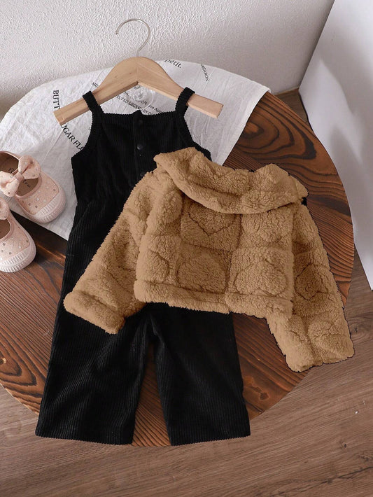 Mummy & Mee Baby Girl Pink Casual Thicken Fleece Plaid Jacquard Jumpsuit Set