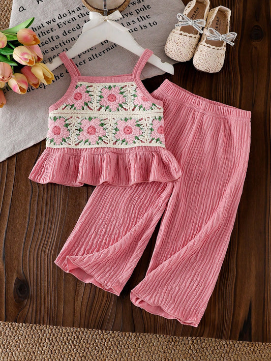 Floral Embroidery Delicate Strap Top & Solid Color Pants 2 Pieces Set Pink 2-3Y