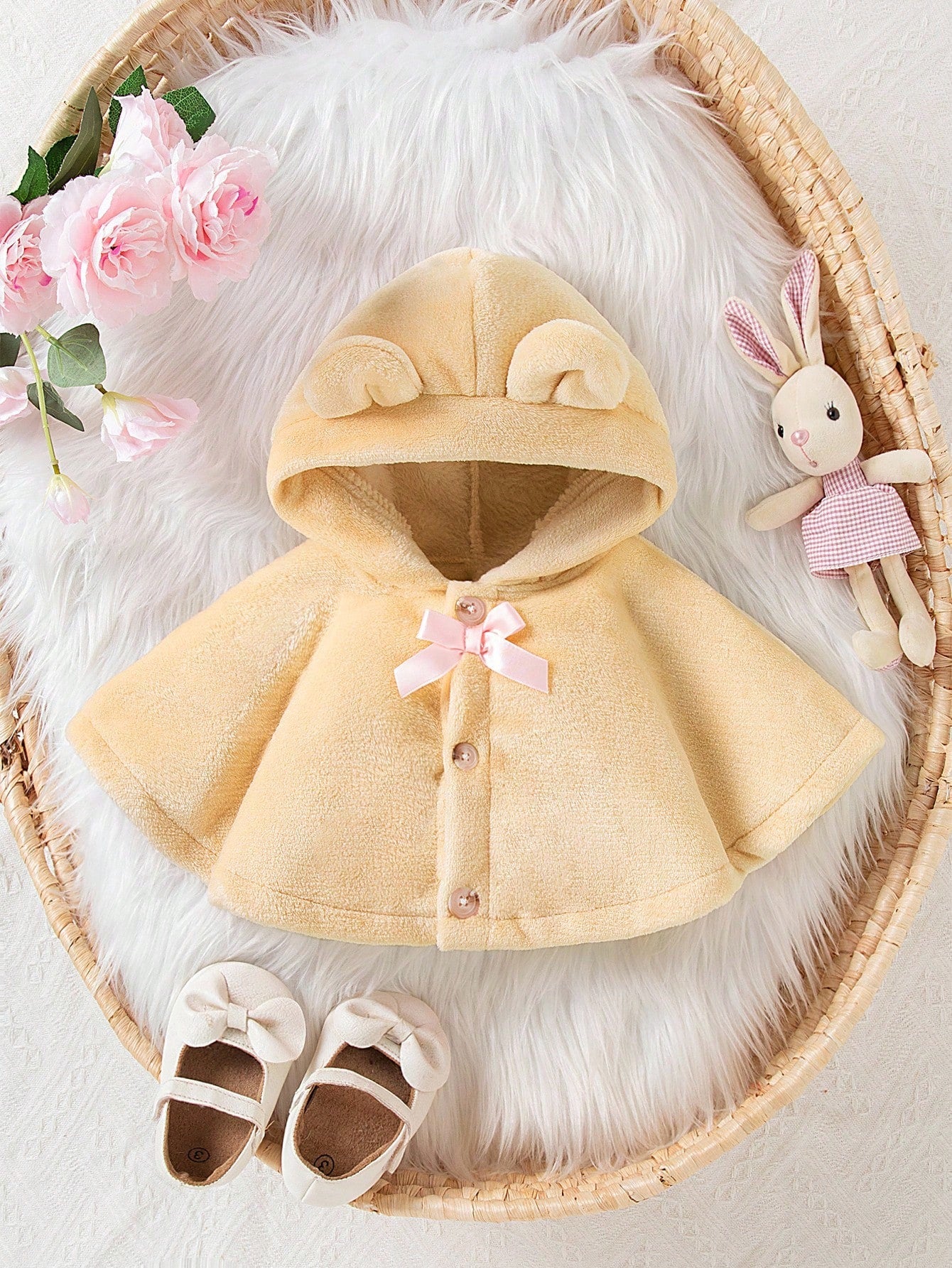 Baby Girl Plush Hooded Cape, Cute, Comfortable Khaki