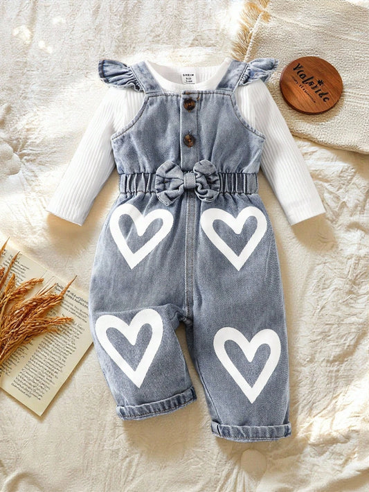 Baby Girl Round Neck Solid Color Casual Long Sleeve Top And Heart Pattern Bowknot & Ruffle Trim Overalls Set Blue