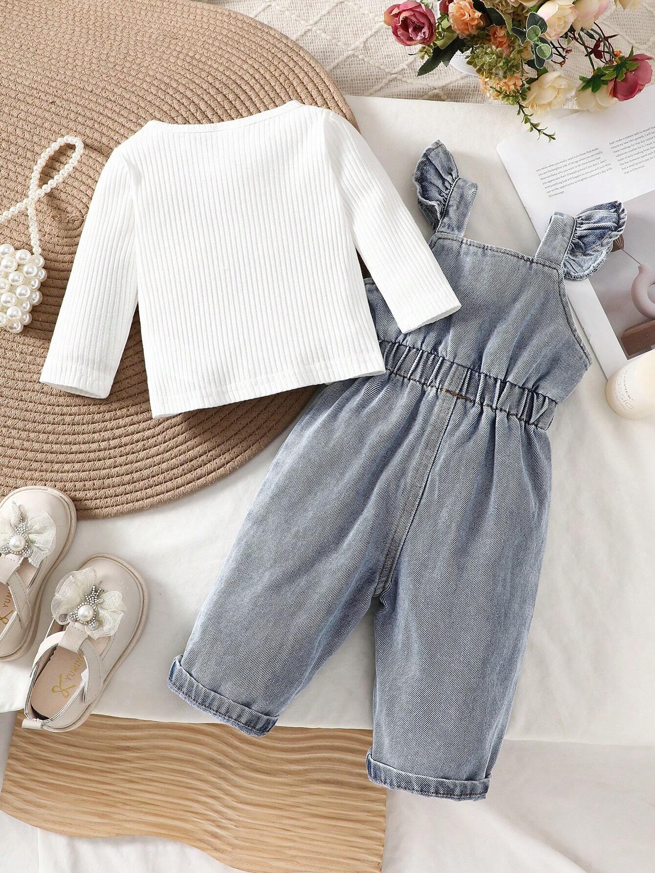 Baby Girl Round Neck Solid Color Casual Long Sleeve Top And Heart Pattern Bowknot & Ruffle Trim Overalls Set