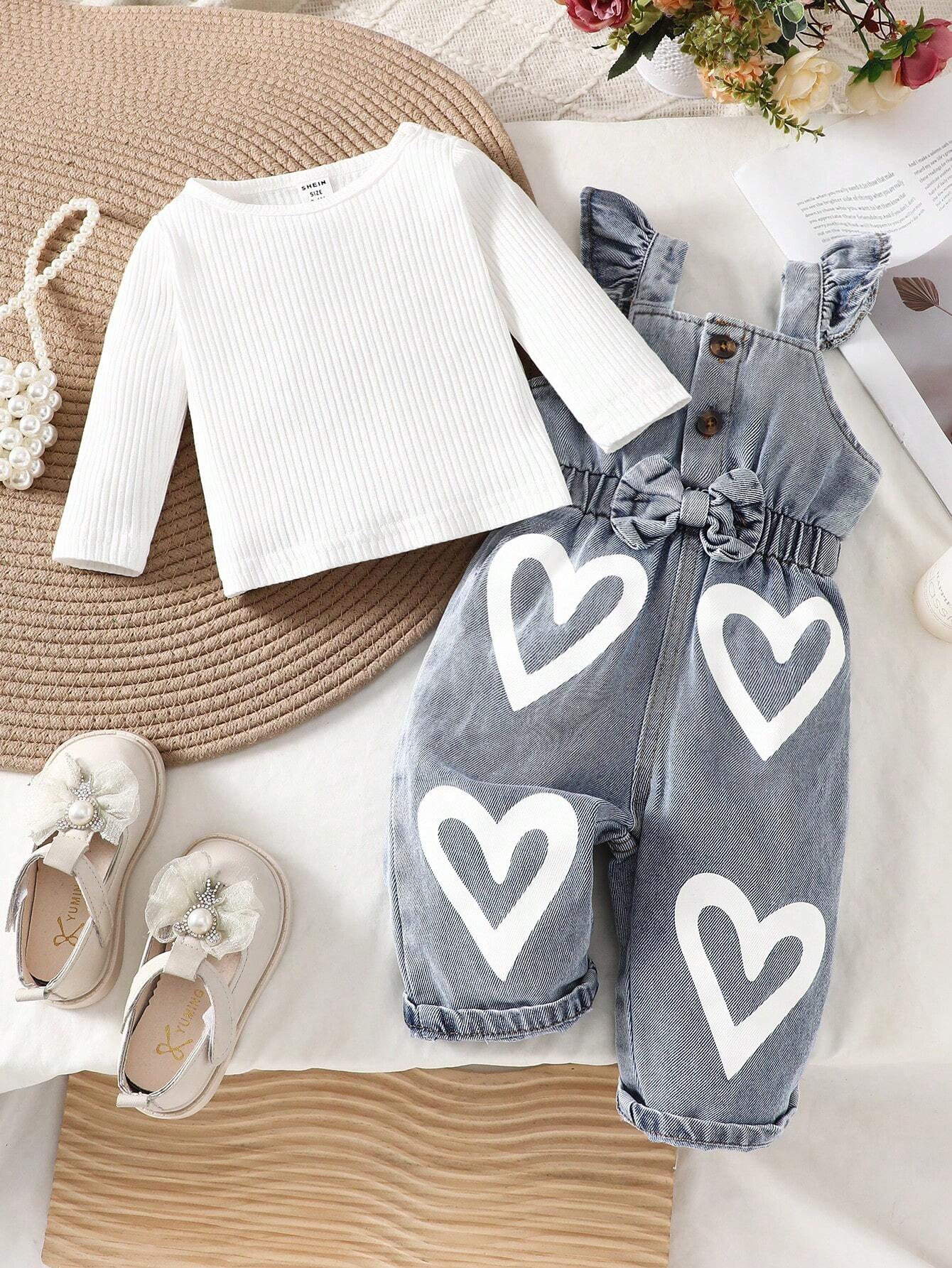 Baby Girl Round Neck Solid Color Casual Long Sleeve Top And Heart Pattern Bowknot & Ruffle Trim Overalls Set