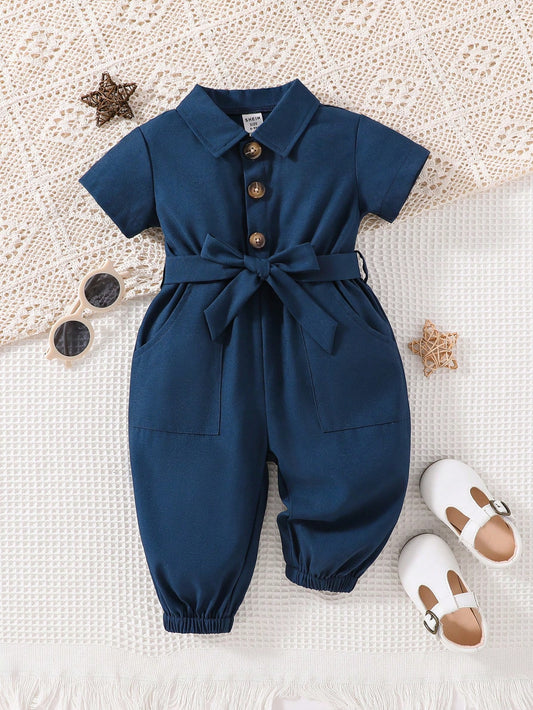 Baby Girl Solid Color Short Sleeve Casual Oblique Pocket Belt Jumpsuit