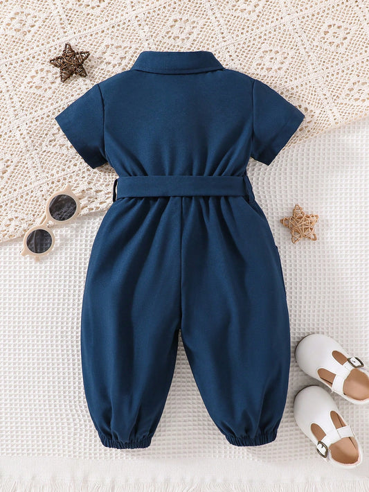 Baby Girl Solid Color Short Sleeve Casual Oblique Pocket Belt Jumpsuit