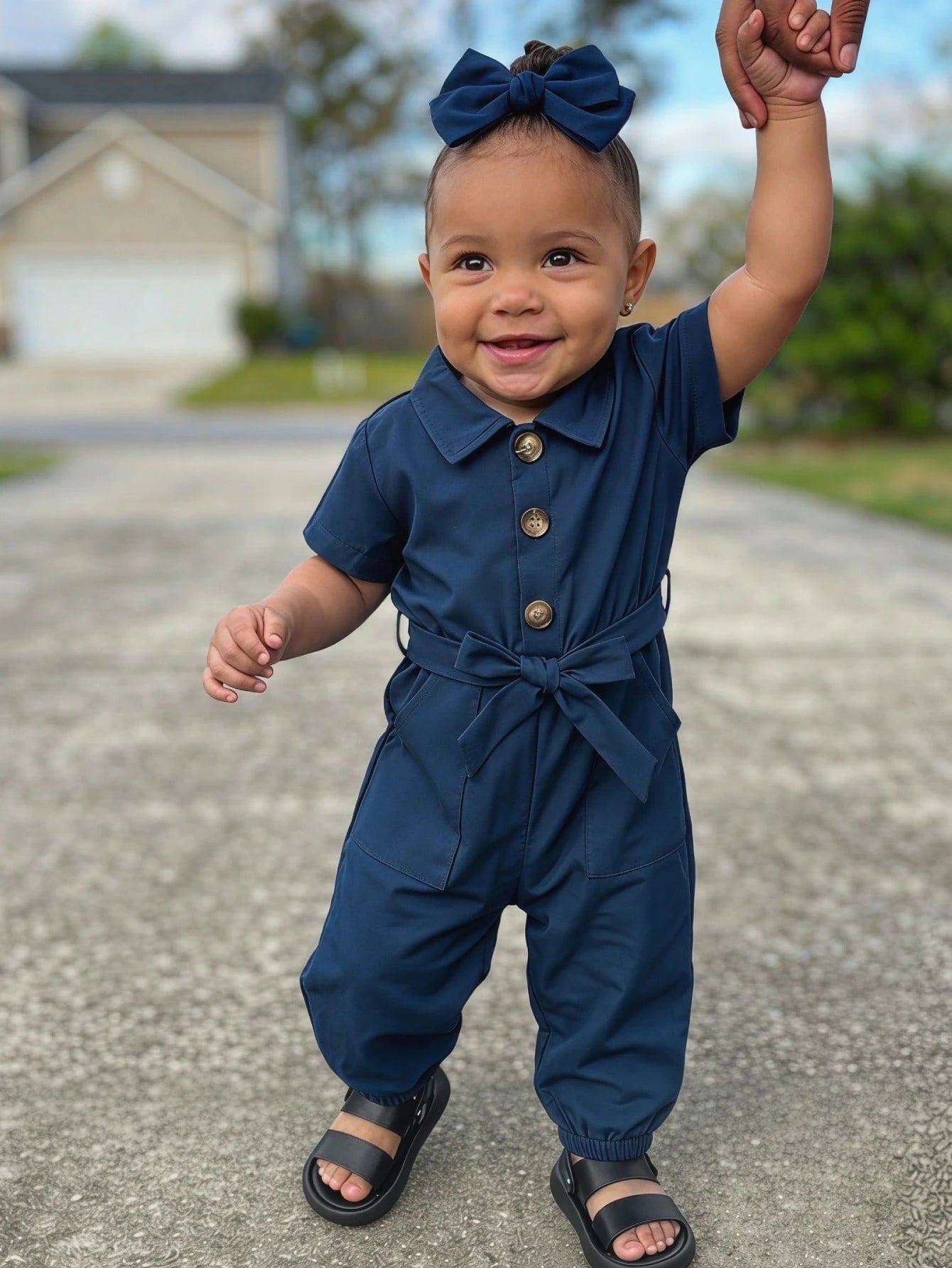 Baby Girl Solid Color Short Sleeve Casual Oblique Pocket Belt Jumpsuit