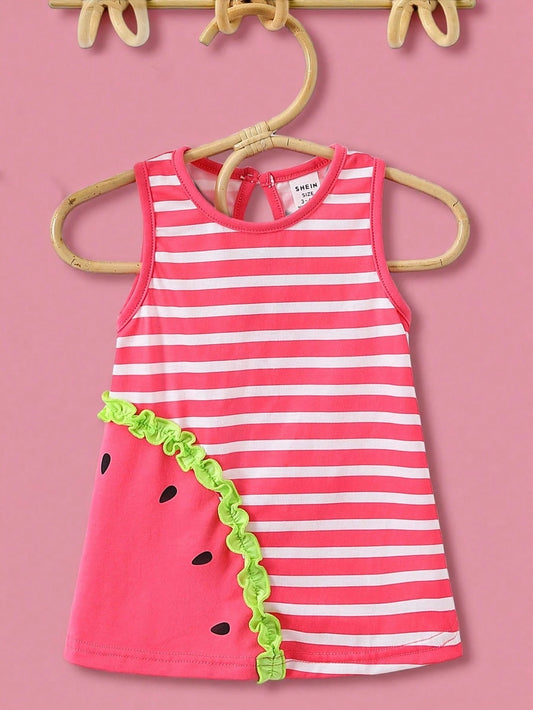 Mummy & Mee Baby Girl Striped Printed Contrast Color Ruffle Hem Sleeveless Dress 18-24M
