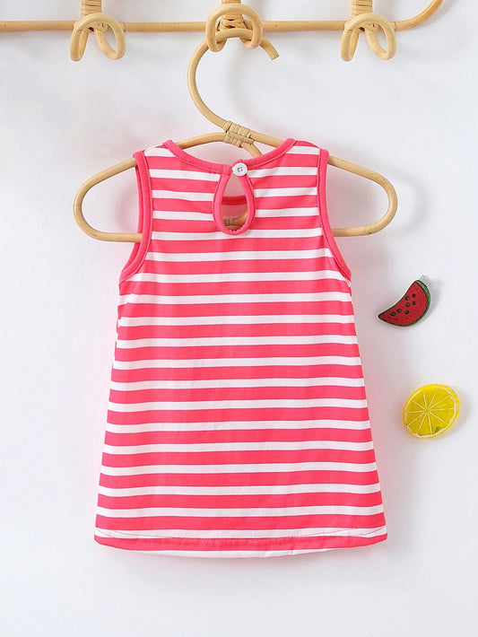 Baby Girl Striped Printed Contrast Color Ruffle Hem Sleeveless Dress