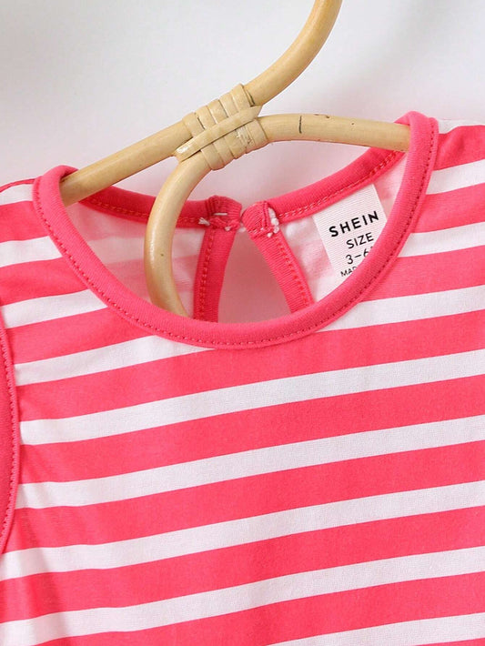 Mummy & Mee Baby Girl Striped Printed Contrast Color Ruffle Hem Sleeveless Dress