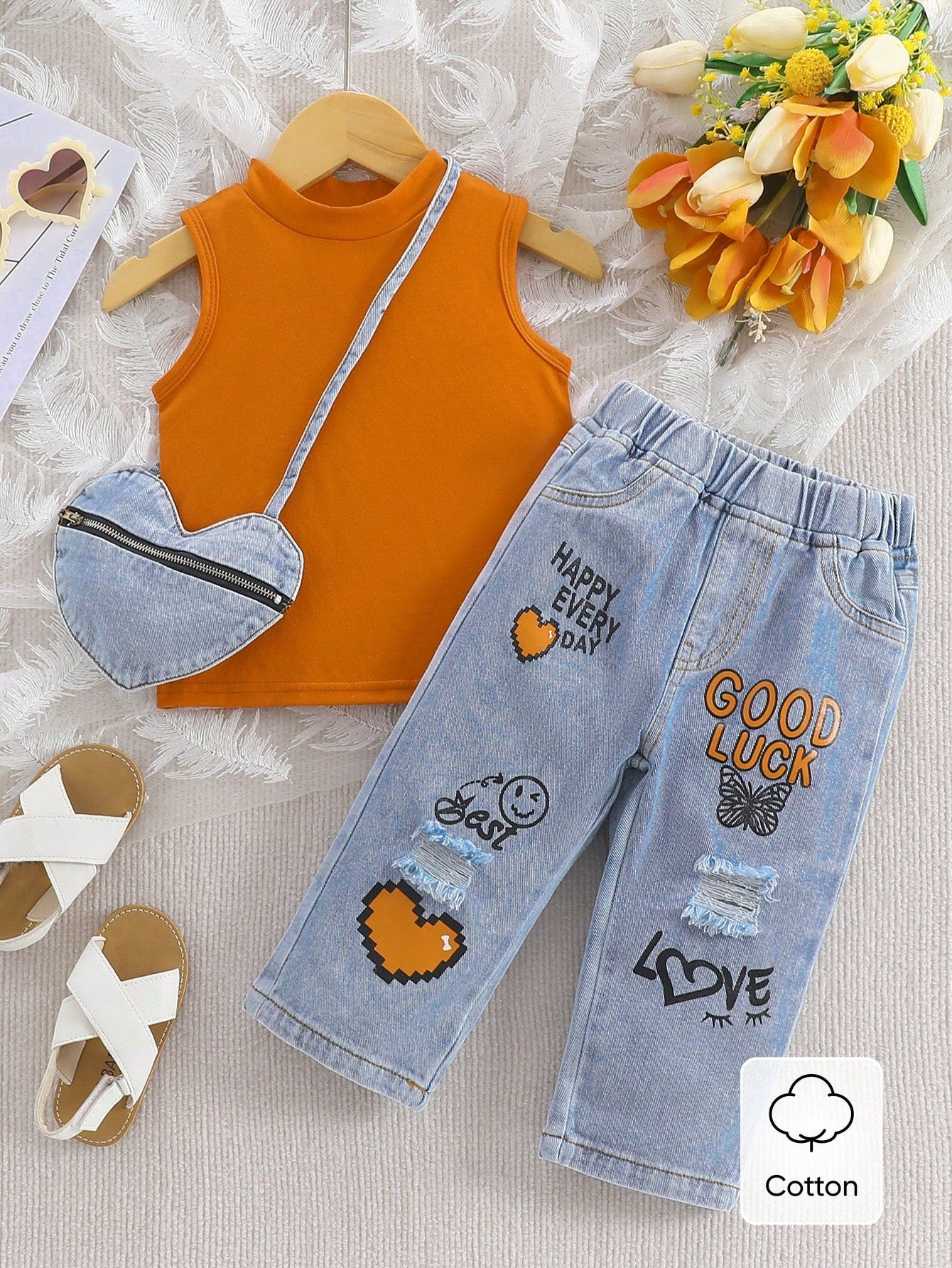 Baby Girl Solid Color Round Neck Top And Distressed Denim Jeans Set