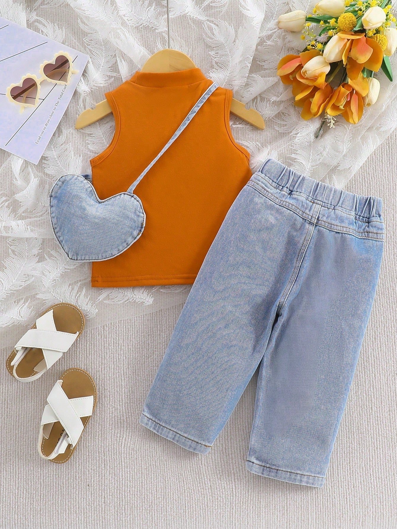 Baby Girl Solid Color Round Neck Top And Distressed Denim Jeans Set