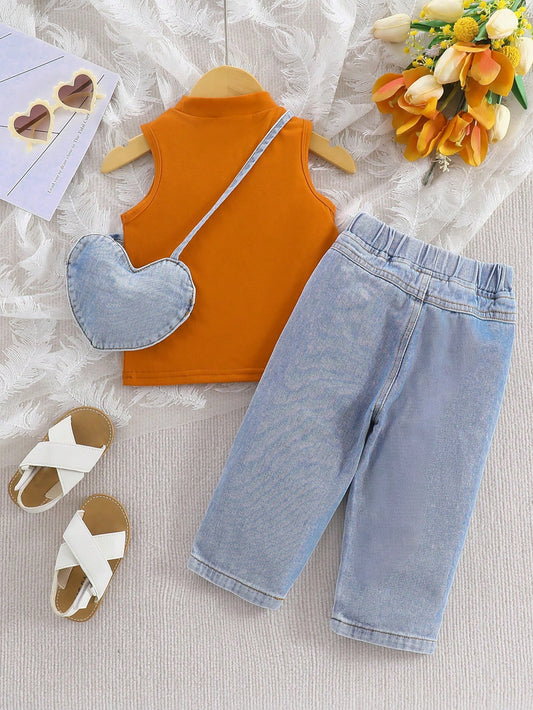Baby Girl Solid Color Round Neck Top And Distressed Denim Jeans Set