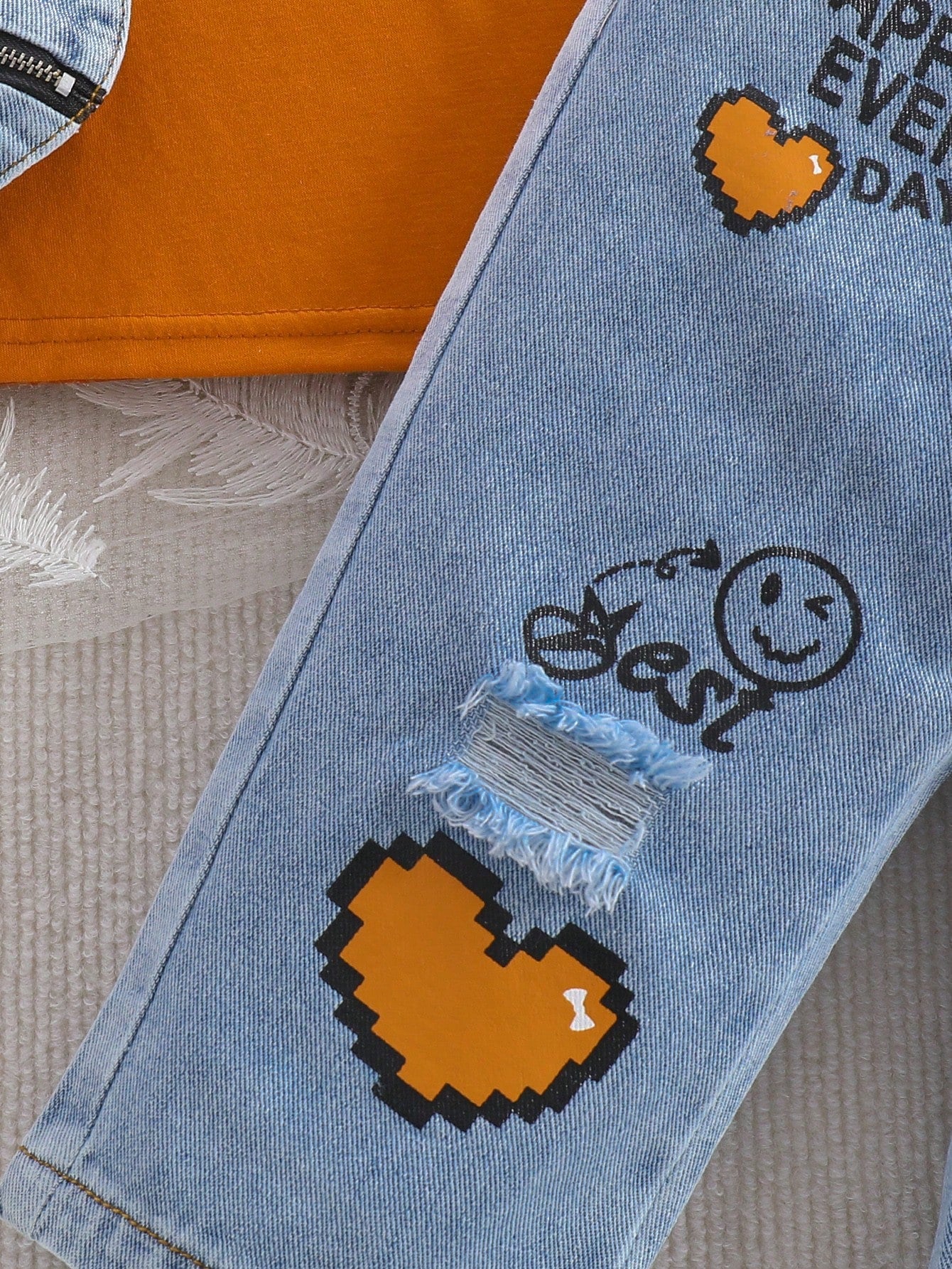 Baby Girl Solid Color Round Neck Top And Distressed Denim Jeans Set