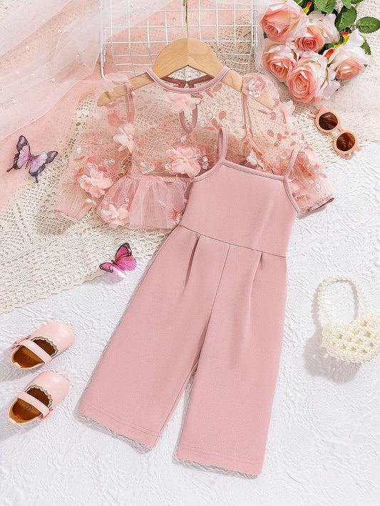 Floral Patched Contrast Mesh Long Sleeve Top Elastic Waist Solid Jumpsuit Set