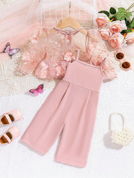 Floral Patched Contrast Mesh Long Sleeve Top Elastic Waist Jumpsuit Set