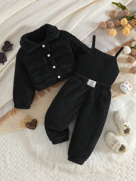 Turndown Collar Utility Jacket, Solid Color Tank Top, And Long Pants Black