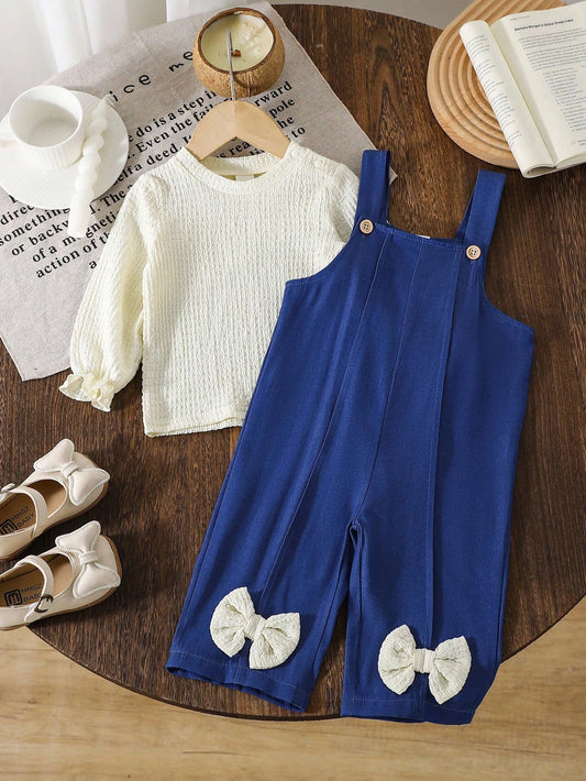 Baby Girl Crew Neck Jacquard Lantern Sleeve Top And Woven Bib Pants Set