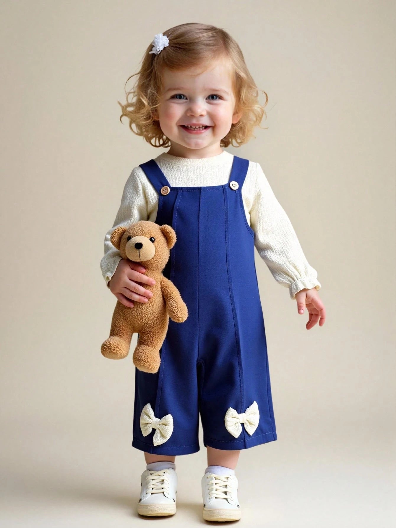 Baby Girls Crew Neck Jacquard Lantern Sleeve Top And Woven Bib Pants Set