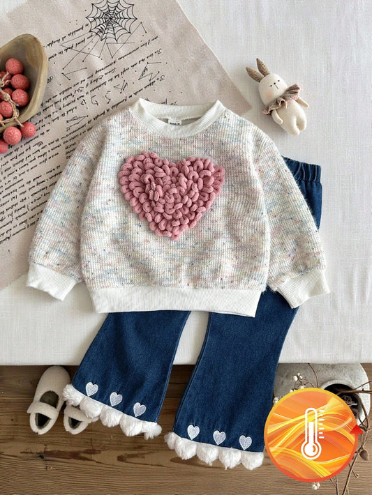 Cute Heart Decor Top And Heart Embroidered Denim Pants Multicolor