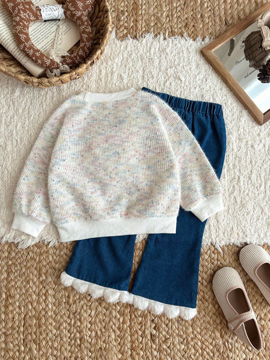 Cute Heart Decor Top And Heart Embroidered Denim Pants