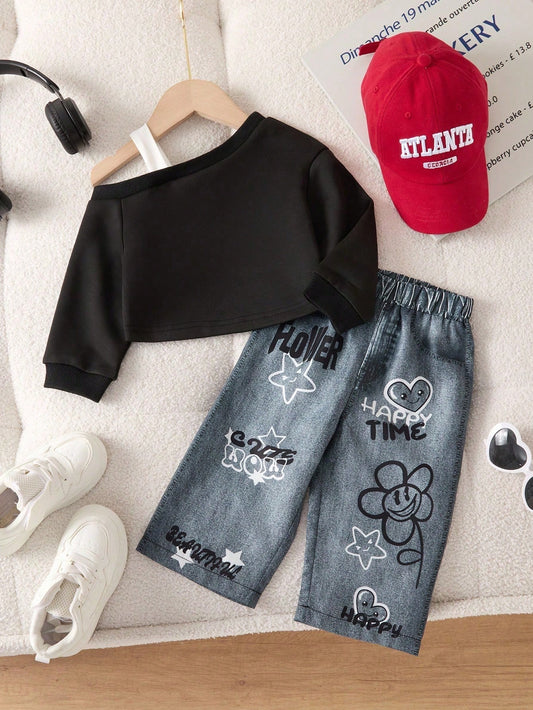 Oblique Shoulder Long Sleeve Sweatshirt And Pants 2-Piece Set