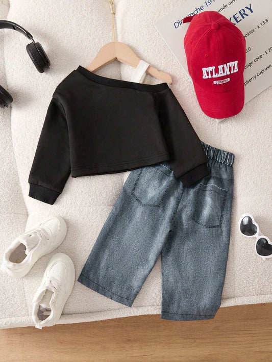 Oblique Shoulder Long Sleeve Sweatshirt And Pants 2-Piece Set