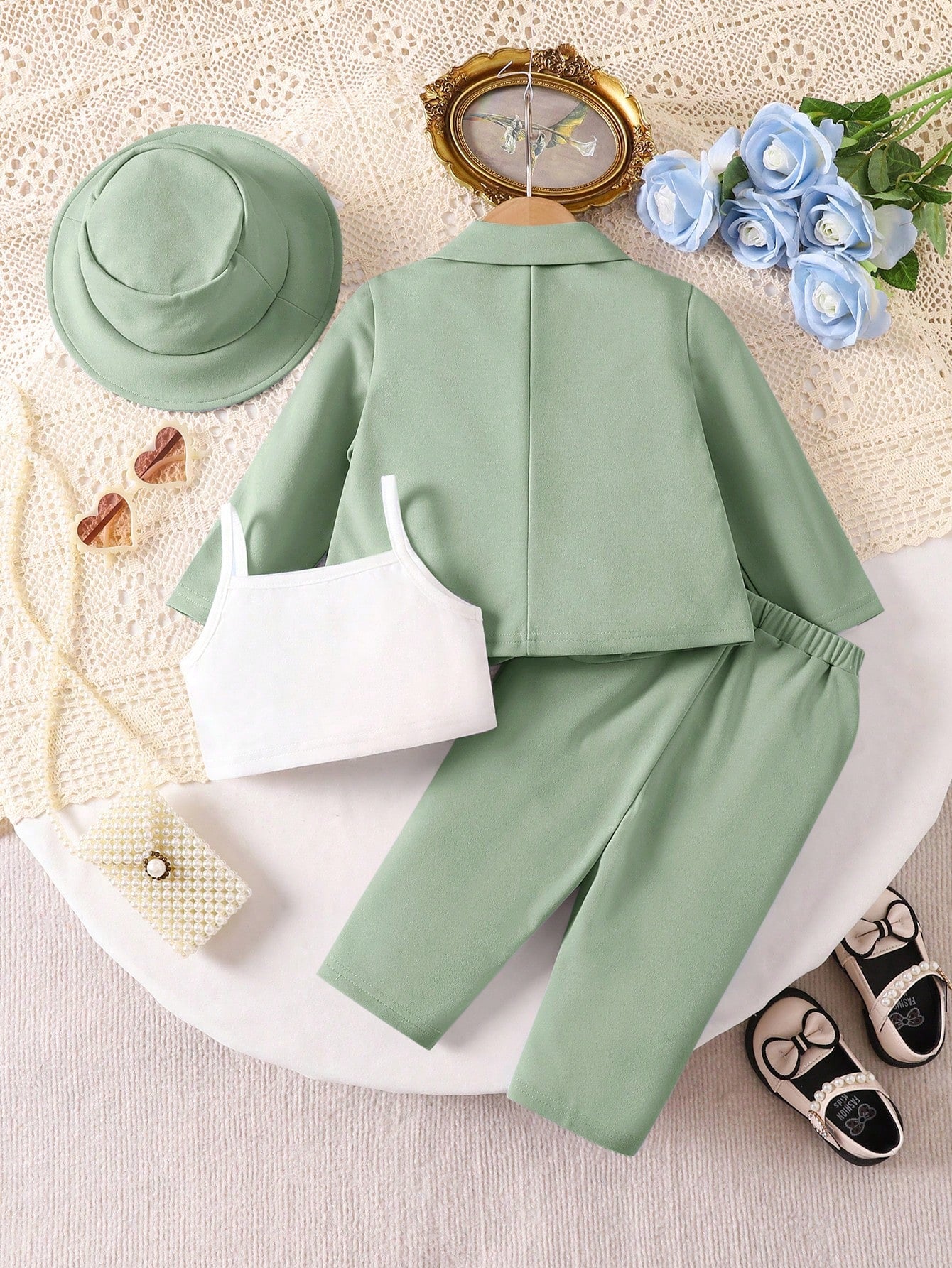Baby Girl Casual Solid Color Suit Collar Shirt, Camisole Top, Long Pants, And Hat Set