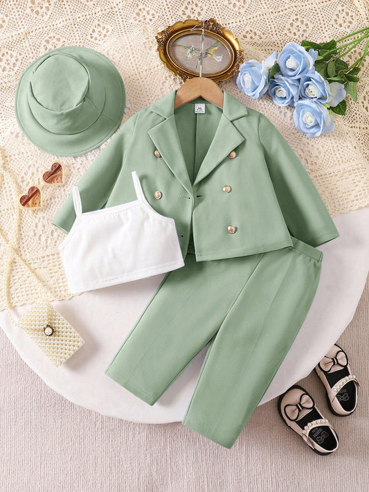 Baby Girl Casual Solid Color Suit Collar Shirt, Camisole Top, Long Pants, And Hat Set Green