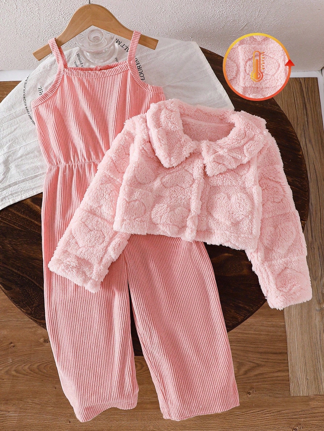 Casual Thicken Fleece Plaid Jacquard Jumpsuit Set Pink