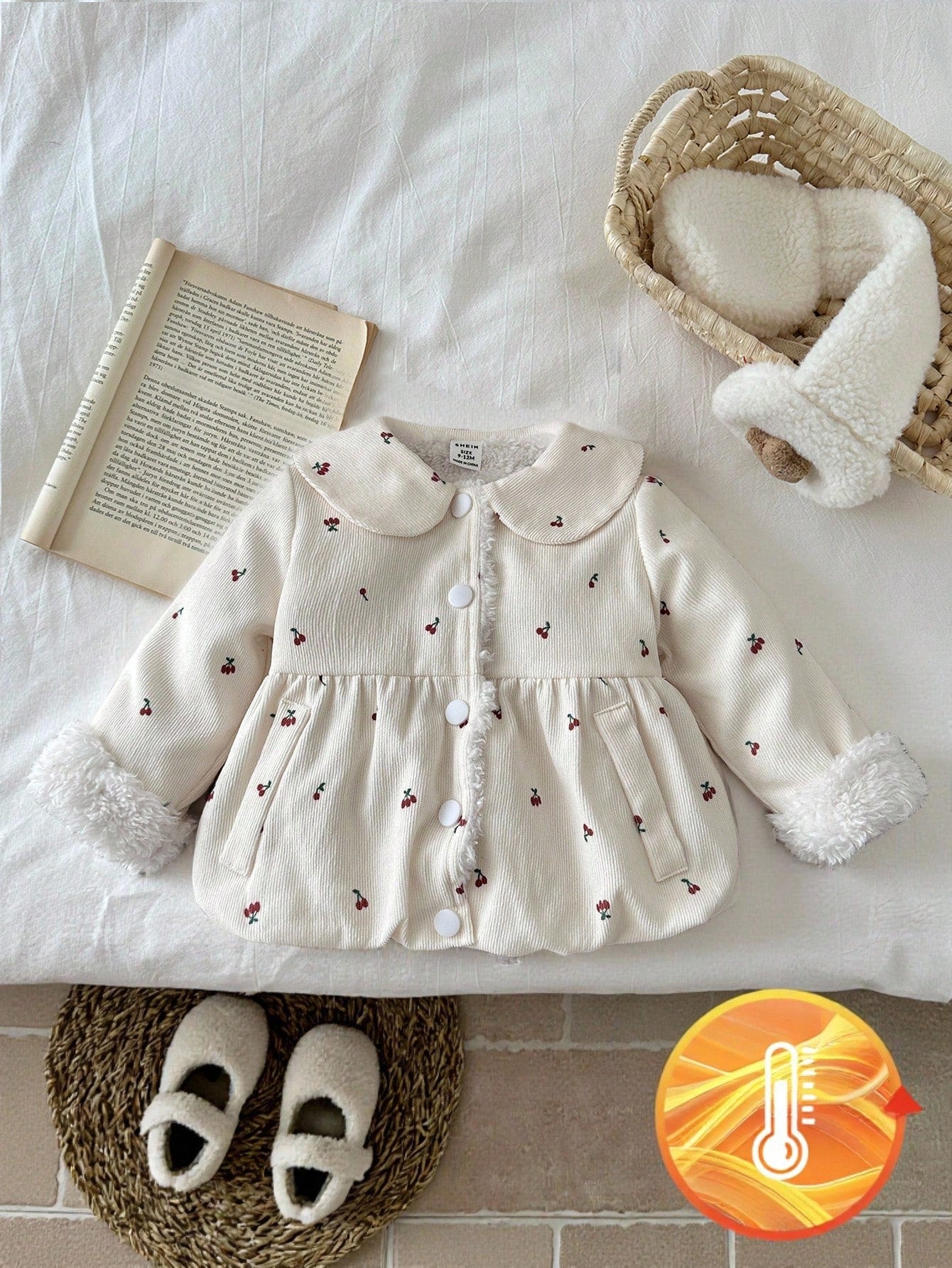 Baby Girls' Fashionable Cute Baby Pattern Collared Thick Thermal Lined Long Sleeve Jacket Apricot