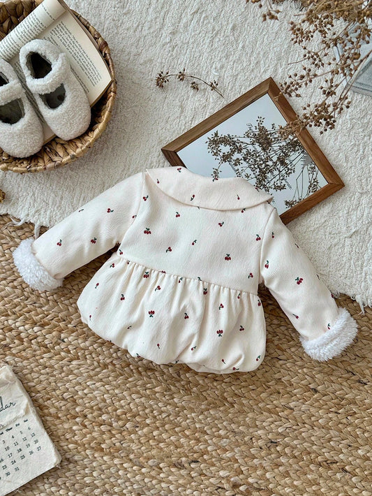 Baby Girls' Fashionable Cute Baby Pattern Collared Thick Thermal Lined Long Sleeve Jacket