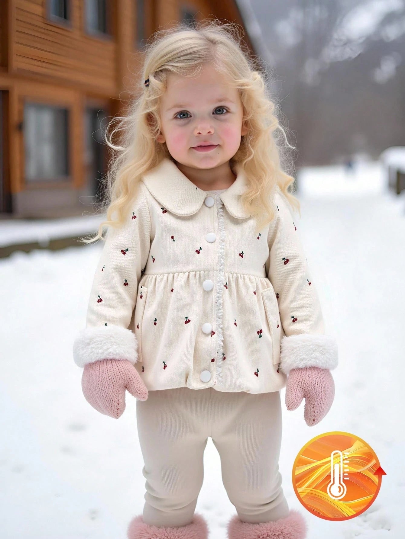 Baby Girls' Fashionable Cute Baby Pattern Collared Thick Thermal Lined Long Sleeve Jacket
