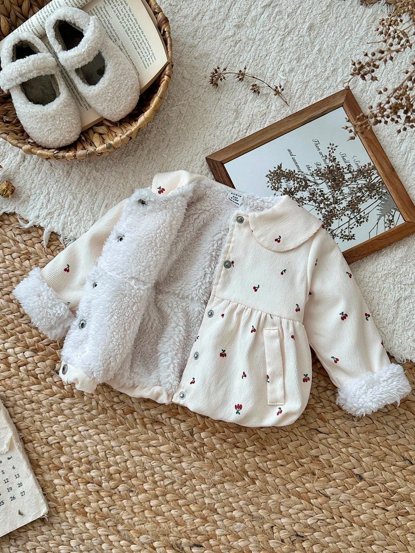 Baby Girls' Fashionable Cute Baby Pattern Collared Thick Thermal Lined Long Sleeve Jacket
