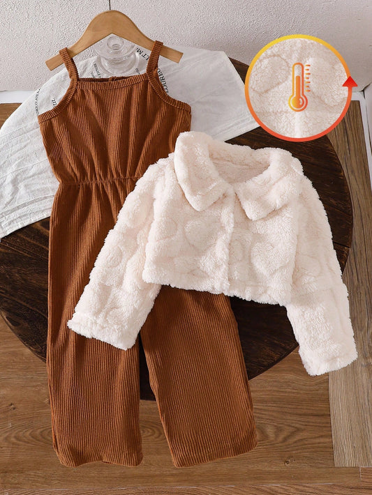 Casual Thicken Fleece Plaid Jacquard Jumpsuit Set Apricot