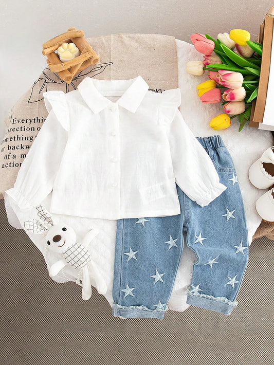 Baby Girls' Simple Star Embroidery Shirt And Jeans Set