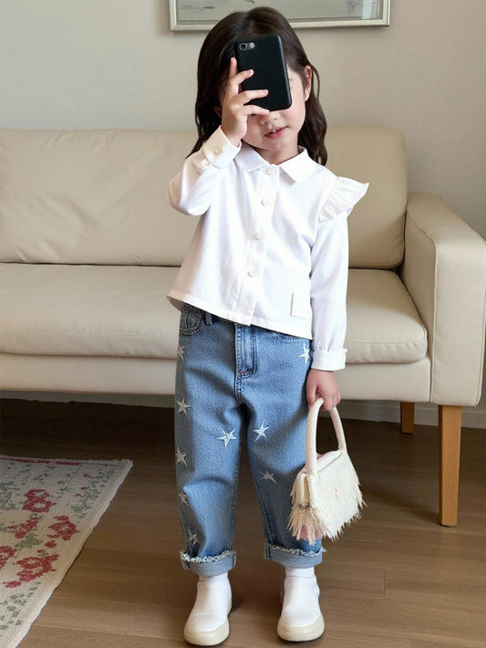 Baby Girls' Simple Star Embroidery Shirt And Jeans Set