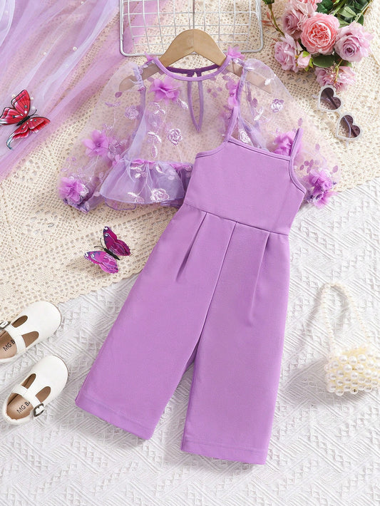 Floral Mesh Long Sleeve Top With Elastic Waist Solid Color Pants Set