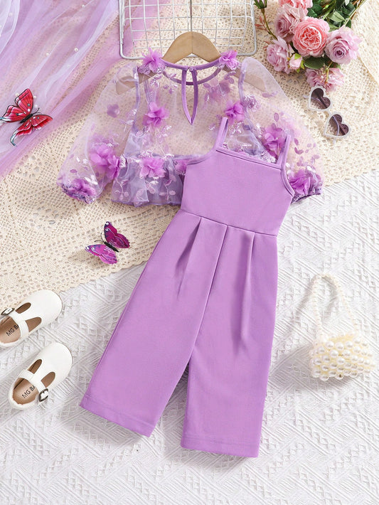 Floral Mesh Long Sleeve Top With Elastic Waist Solid Color Pants Set