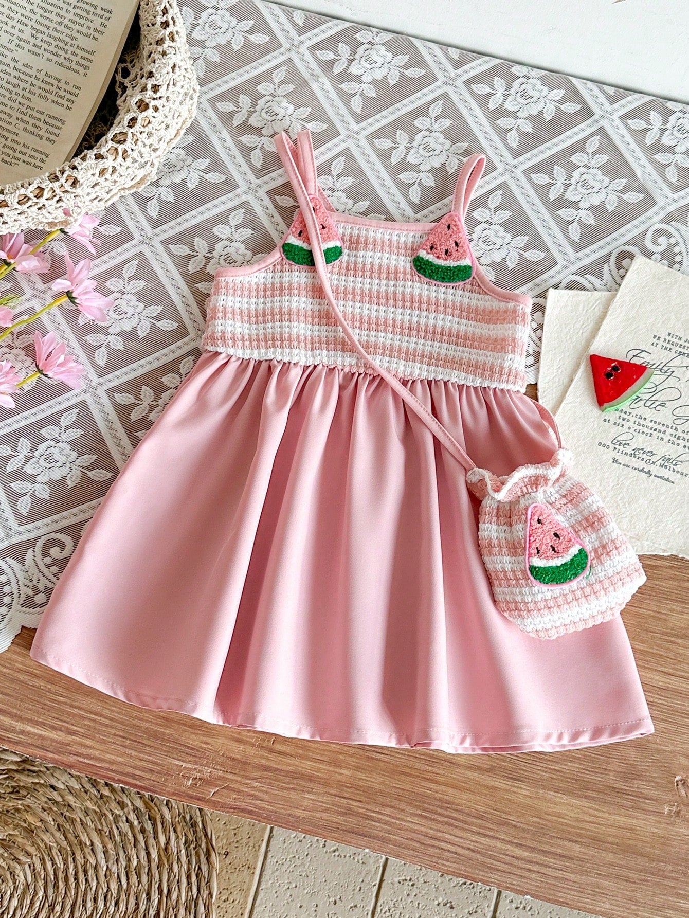 Orange & White Sweet Fresh Floral Decor Strap Dress With Matching Small Crossbody Bag