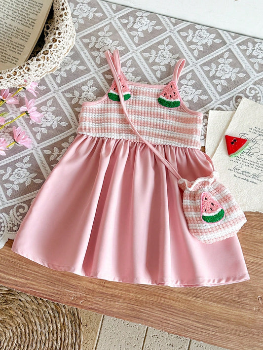 Orange & White Sweet Fresh Floral Decor Strap Dress With Matching Small Crossbody Bag