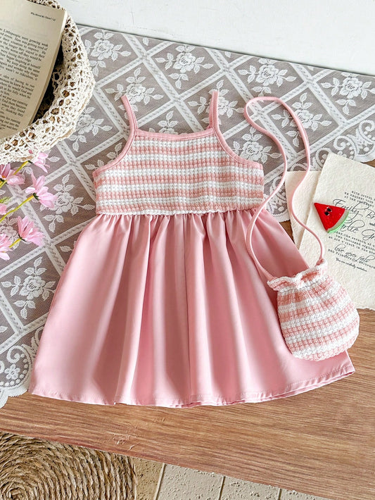 Orange & White Sweet Fresh Floral Decor Strap Dress With Matching Small Crossbody Bag